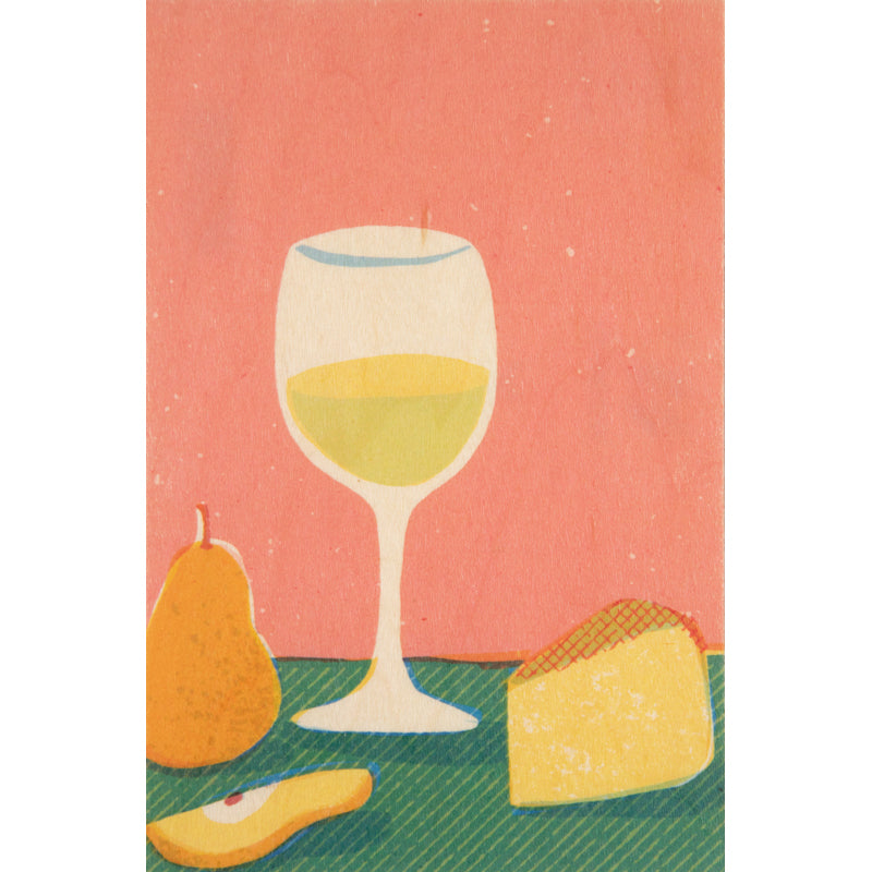 Wood postcard still life wine and cheese W