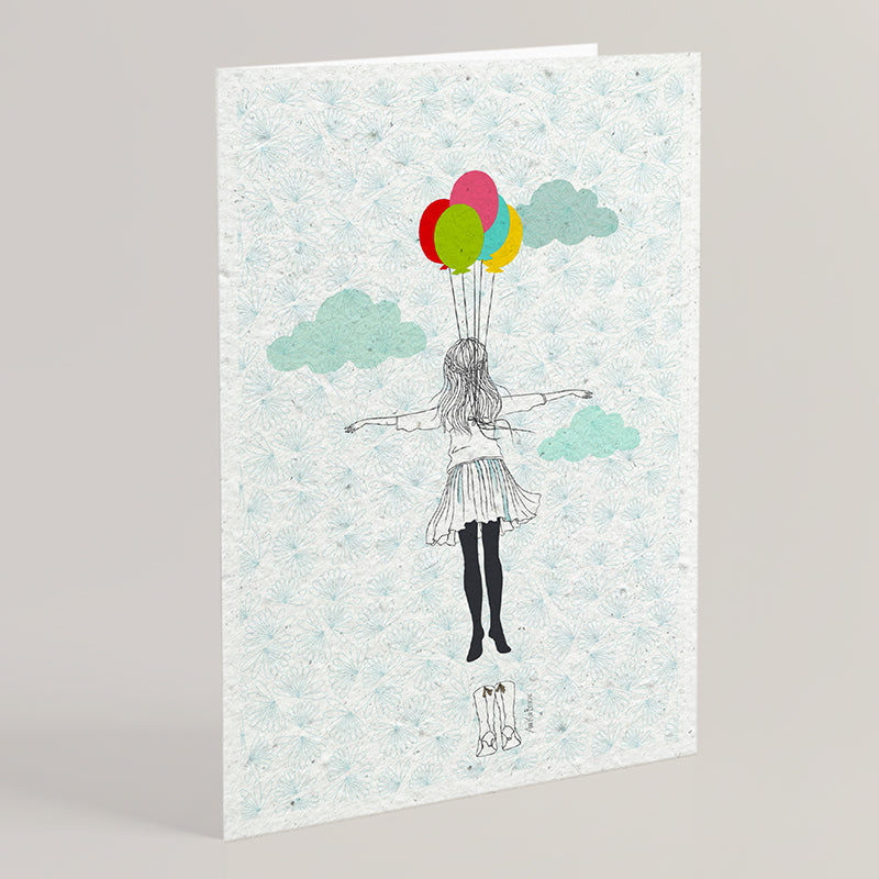 Carte double en papier ensemencé la fille aux ballons B