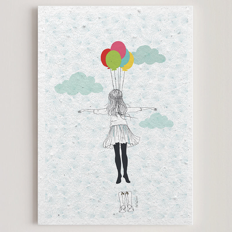 Carte double en papier ensemencé la fille aux ballons B