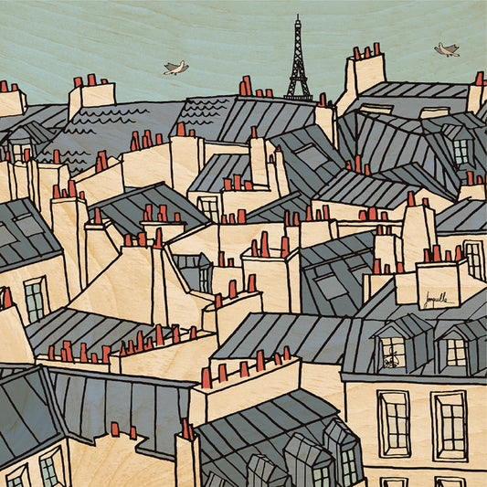 Poster 45T en bois paris illustré toits W
