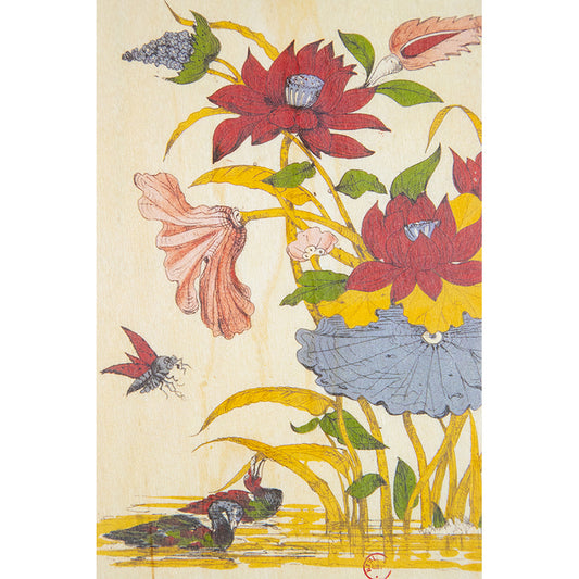 Carte en bois BNF ornements fleurs rouges W