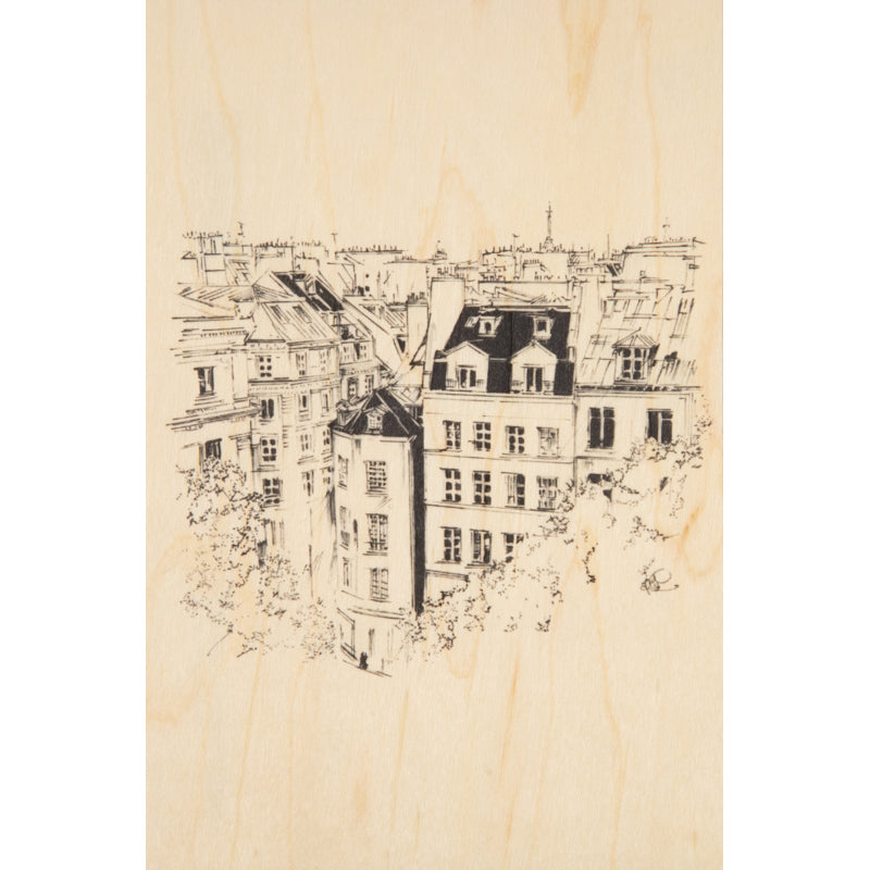 Carte en bois Paris icons above the roofs W