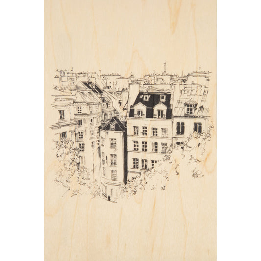 Carte en bois Paris icons above the roofs W