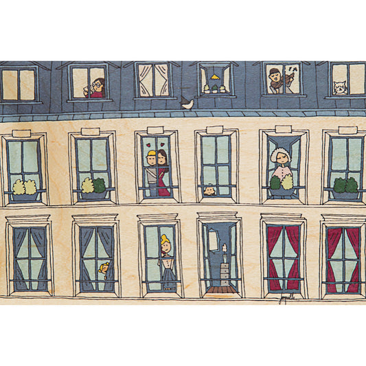 Carte en bois Paris illustré fenêtres W