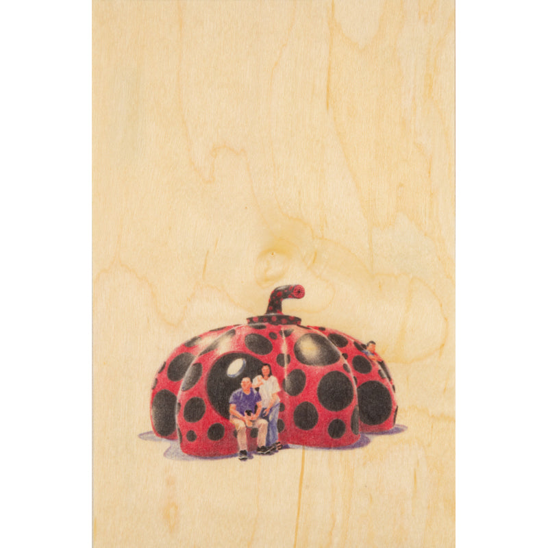 Wood postcard people at museum Kusama W
