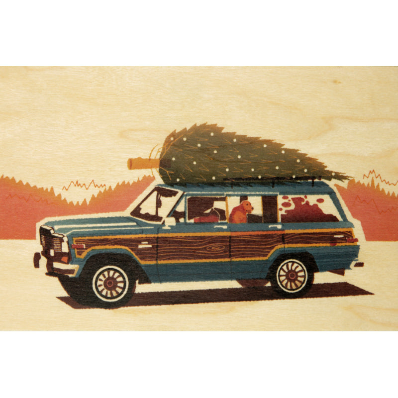 Wooden card, Christmas tree on a car, travel, W